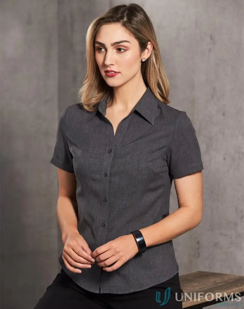 Winning spirit ladies CoolDry health shirt, short-sleeved charcoal grey button-up top