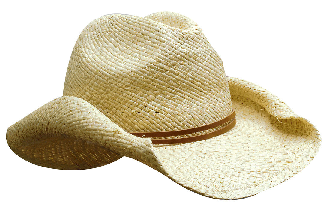 Ladies Cowboy Straw beige hat with brown leather band, 58cm stock imprint