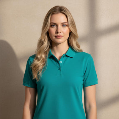 Jb’s ladies dark 210 polo with teal knitted collar and UPF protection