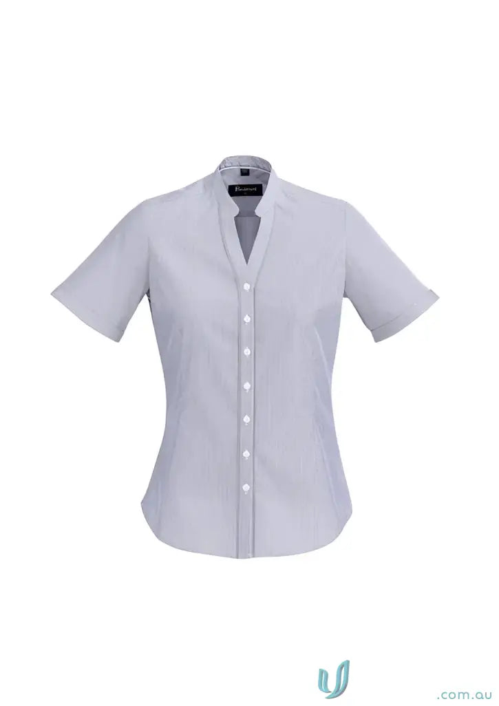 Yarn dyed fine stripe cotton-rich fabric ladies SS shirt with short sleeves and collar