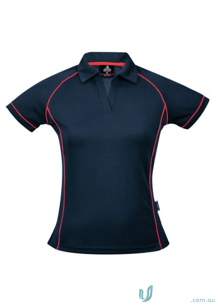 Ladies Endeavour Polo in navy blue with red trim, perfect for workwear or uniforms