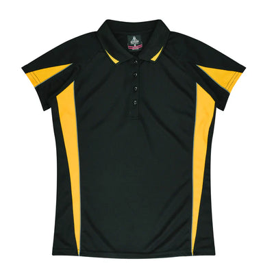 Ladies Eureka Polo black yellow striped short sleeve collar
