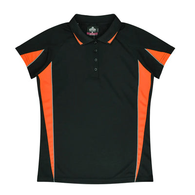 Ladies Eureka Polo: black orange short sleeve with silver trim