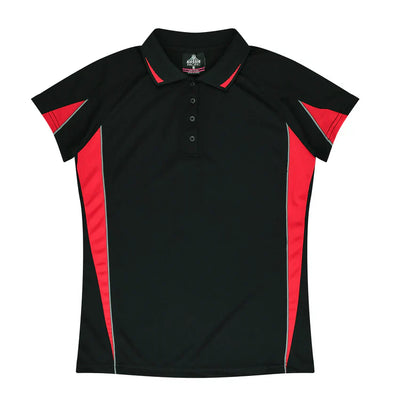 Ladies Eureka Polo black and red womens shirt with silver trim