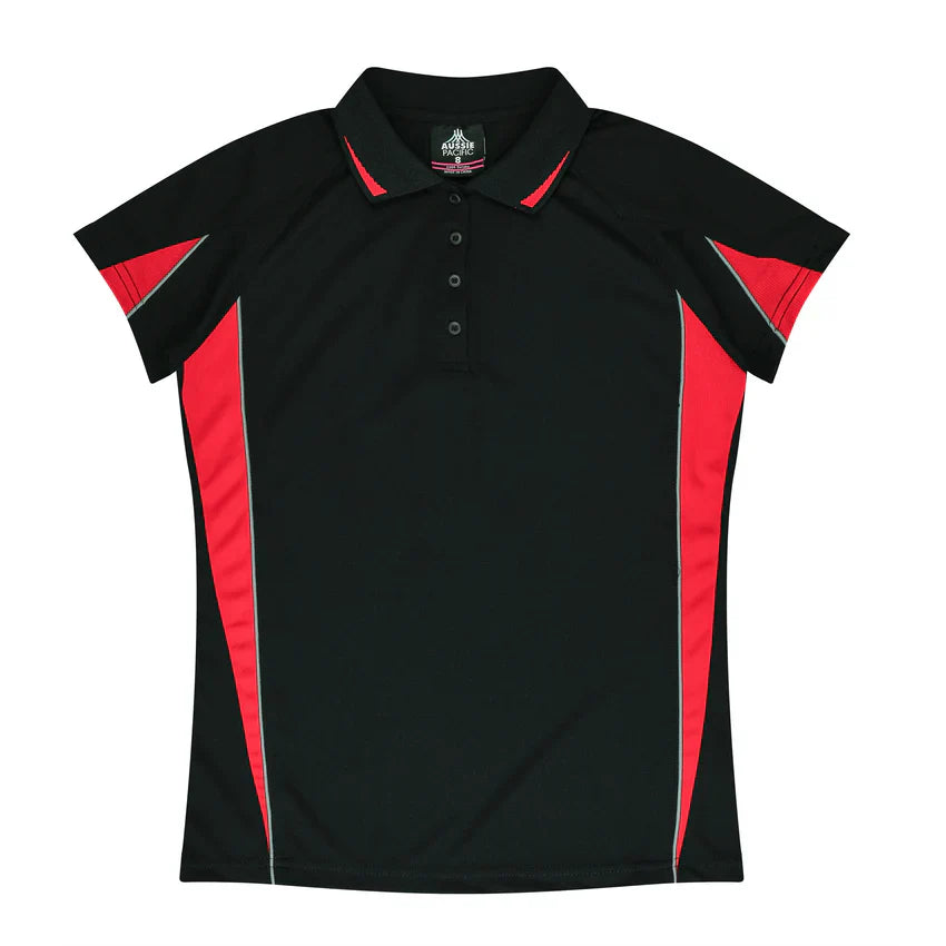 Ladies Eureka Polo black and red womens shirt with silver trim