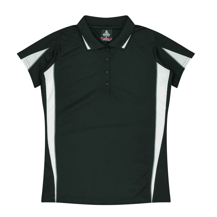 Ladies Eureka Polo black white athletic shirt with side panels accents
