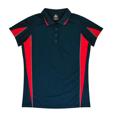 Ladies Eureka Polo: dark navy short-sleeve with red side panels