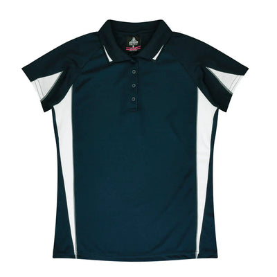 Ladies Eureka Polo: dark navy short-sleeve shirt with white panels