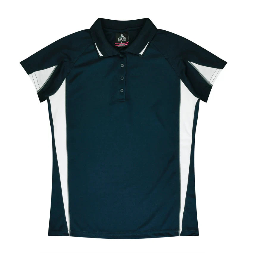 Ladies Eureka Polo: dark navy short-sleeve shirt with white panels
