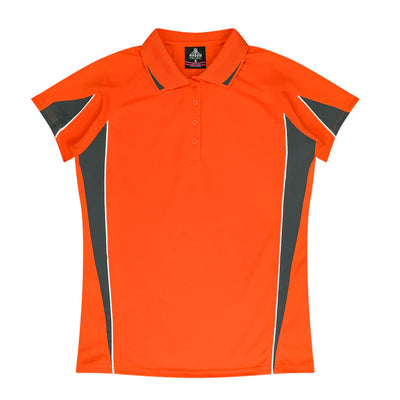 Ladies Eureka Polo: bright orange womens shirt with gray panels, white piping