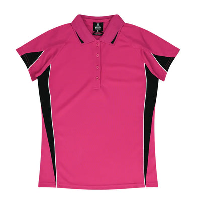 Vibrant Ladies Eureka Polo: pink shirt with black panels, white trim