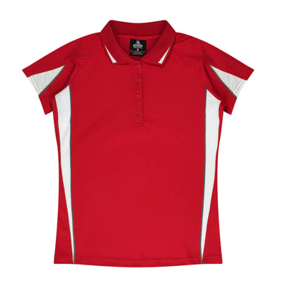 Ladies Eureka Polo red womens shirt with white panels silver trim