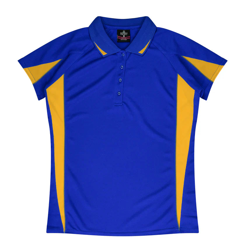 Ladies Eureka Polo: blue yellow short-sleeve shirt with side panels