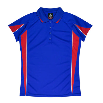Ladies Eureka Polo in royal blue with red and white accents