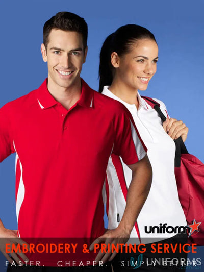 Two models showcasing ladies Eureka Polo shirts in red and white for stylish looks