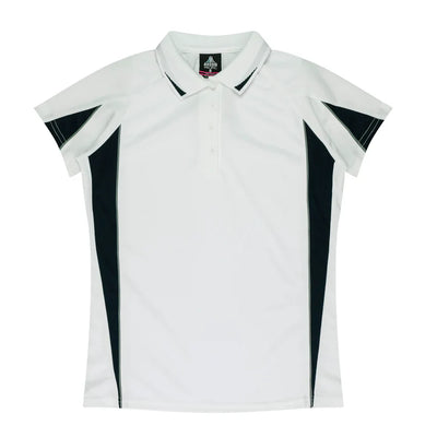 Ladies Eureka Polo: white and black short-sleeved shirt with panels