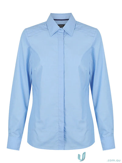 Light blue ladies Felix long sleeve shirt showing buttons and long sleeves perfect for casual wear