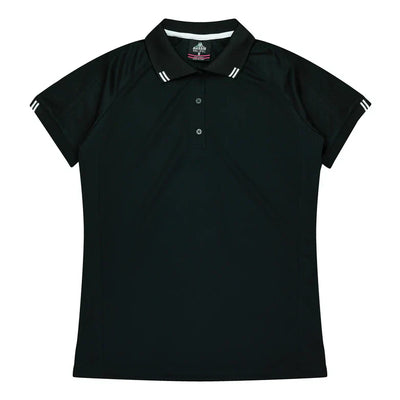 Ladies Flinders Polo: black womens shirt with white trim texture