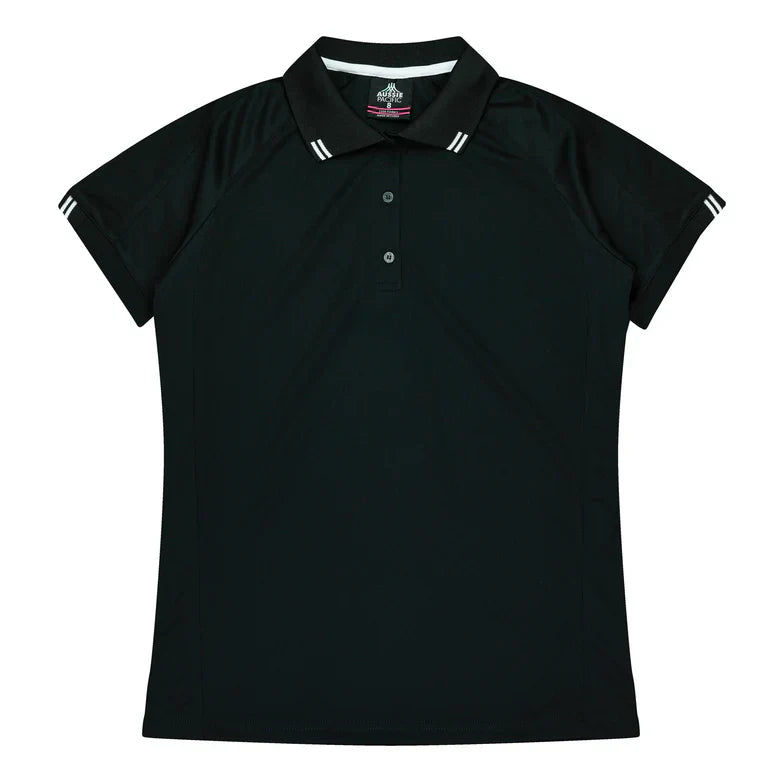 Ladies Flinders Polo: black womens shirt with white trim texture