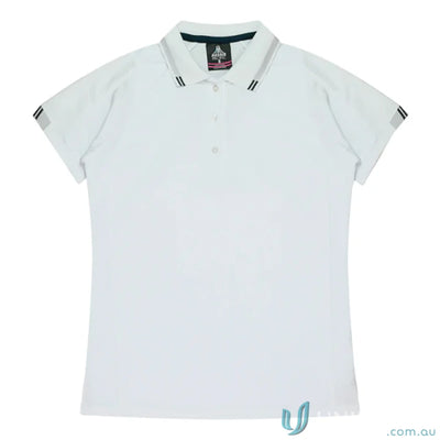 Ladies Flinders Polo shirt with striped collar and sleeves, perfect for work uniforms or uniforms