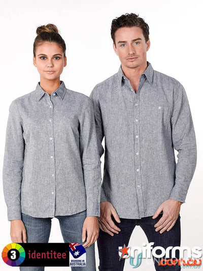 Two gray Ladies Floyd long sleeve linen cotton shirts displayed for stylish comfort