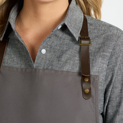 Ladies Floyd long sleeve linen cotton shirt with gray canvas apron