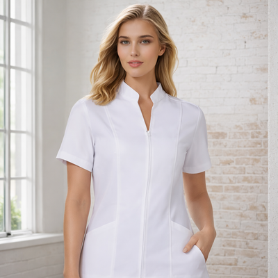 M8636s women’s full zip front tunic in white mechanical stretch fabric