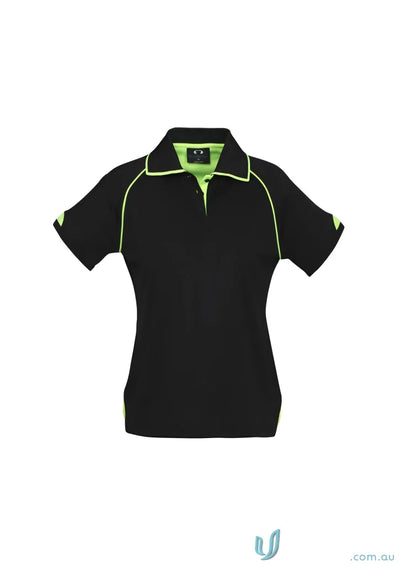 Ladies Fusion Biz Collection Polo with black and lime green trim, modern fit style