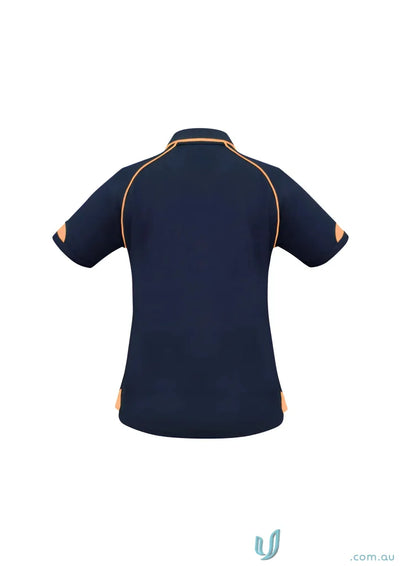 Ladies Fusion Polo in navy blue with orange piping, modern fit, perfect for biz collection