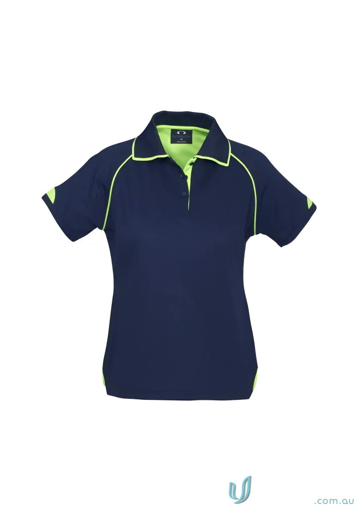 Ladies Fusion polo in navy blue with lime green trim, modern fit biz collection polo
