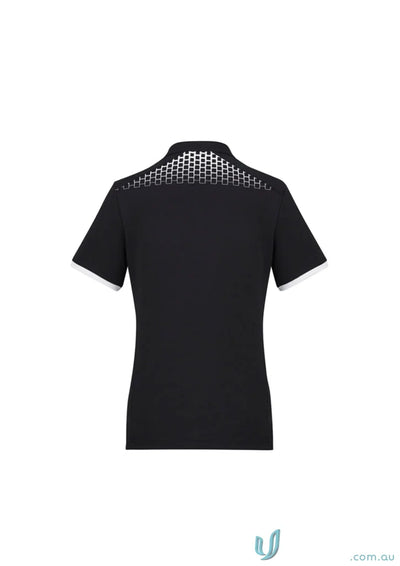 Ladies Galaxy polo with black short sleeve design, white trim, and mesh back perfect blend