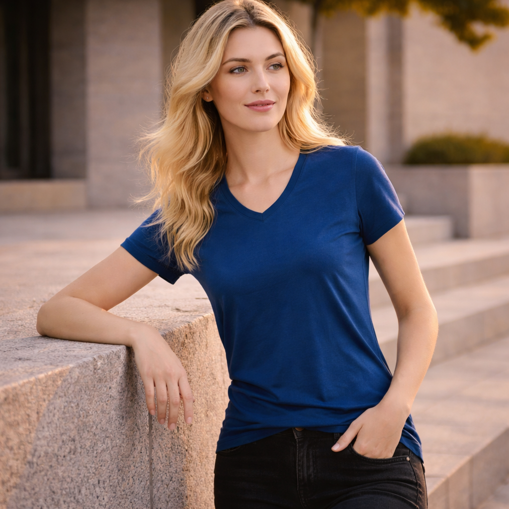 Sleek royal blue Ladies Haddon Tee v-neck short sleeve in soft stretchy fabric