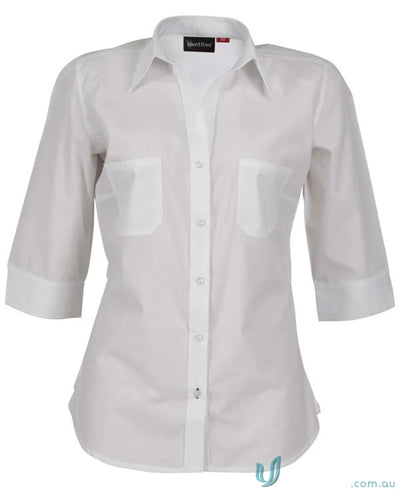 Ladies Harley long-sleeve white shirt with front pockets, perfect for workwear or uniforms