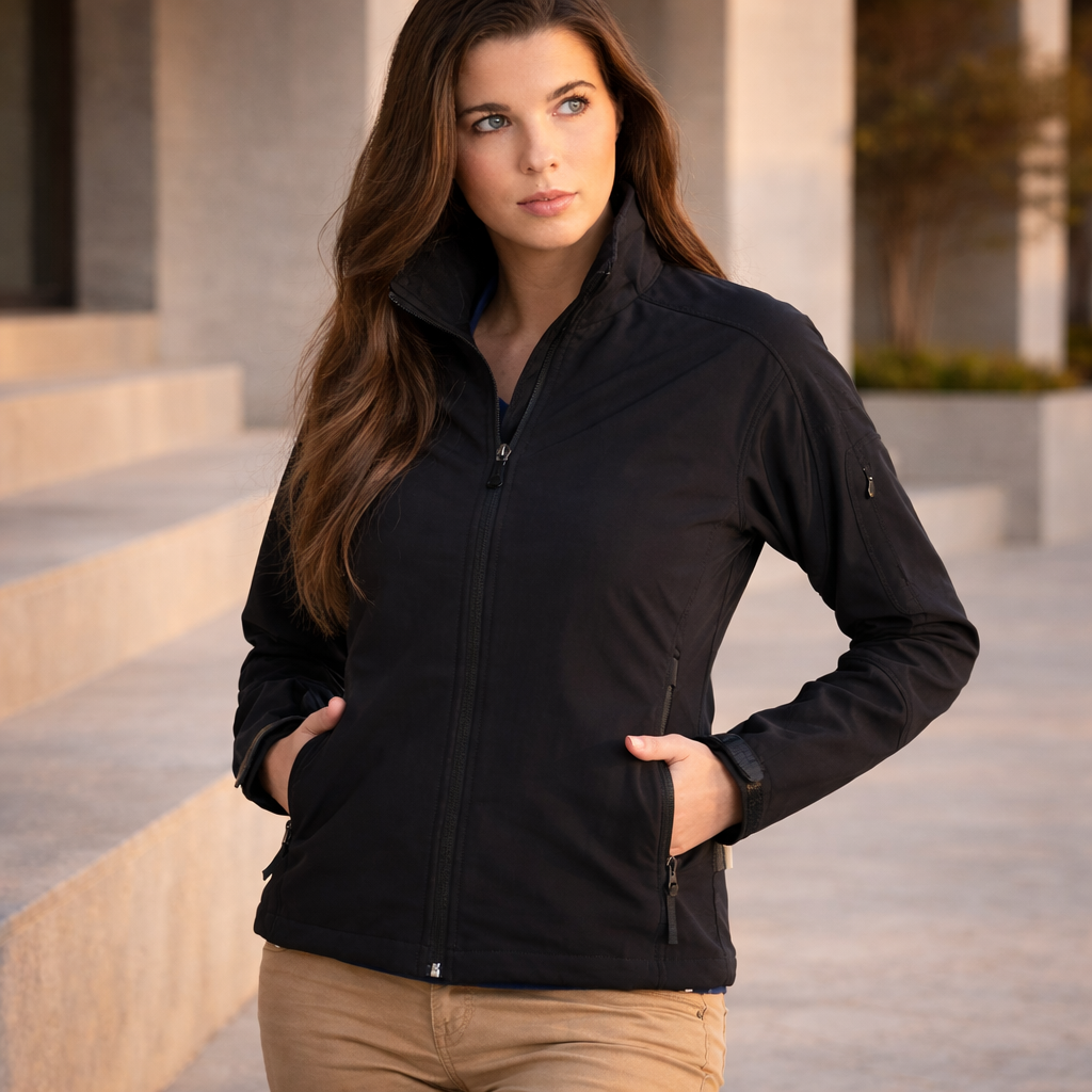 Jk24 ladies hitech softshell black zip-up jacket high collar side pockets