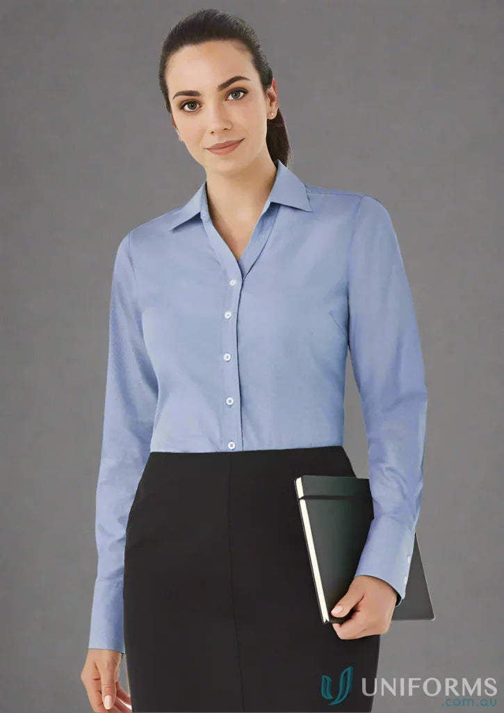 Ladies Hudson Cotton LS Shirt showcasing a professional womans blue yarn-dyed cotton long sleeve top