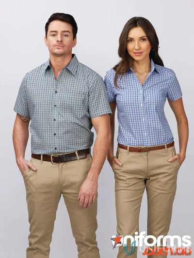 Two people wearing matching Ladies Hudson Short Sleeve Shirt in gingham check pattern