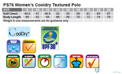 Womens polo size chart and fabric details for Winning Spirit Ladies Icon CoolDry Textured Polo