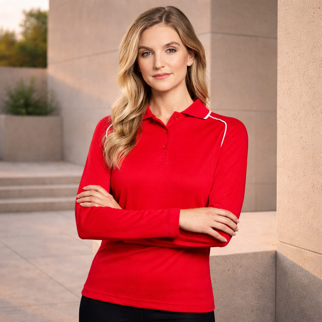 Ladies champion raglan contrast polo in red with white piping