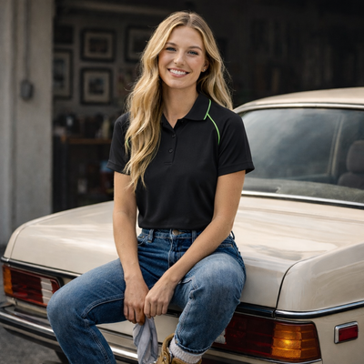 Winning spirit ladies black raglan polo with neon green piping