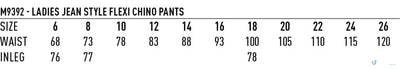Ladies jean style flexi chino pants size chart showcasing jacquard weave fabric