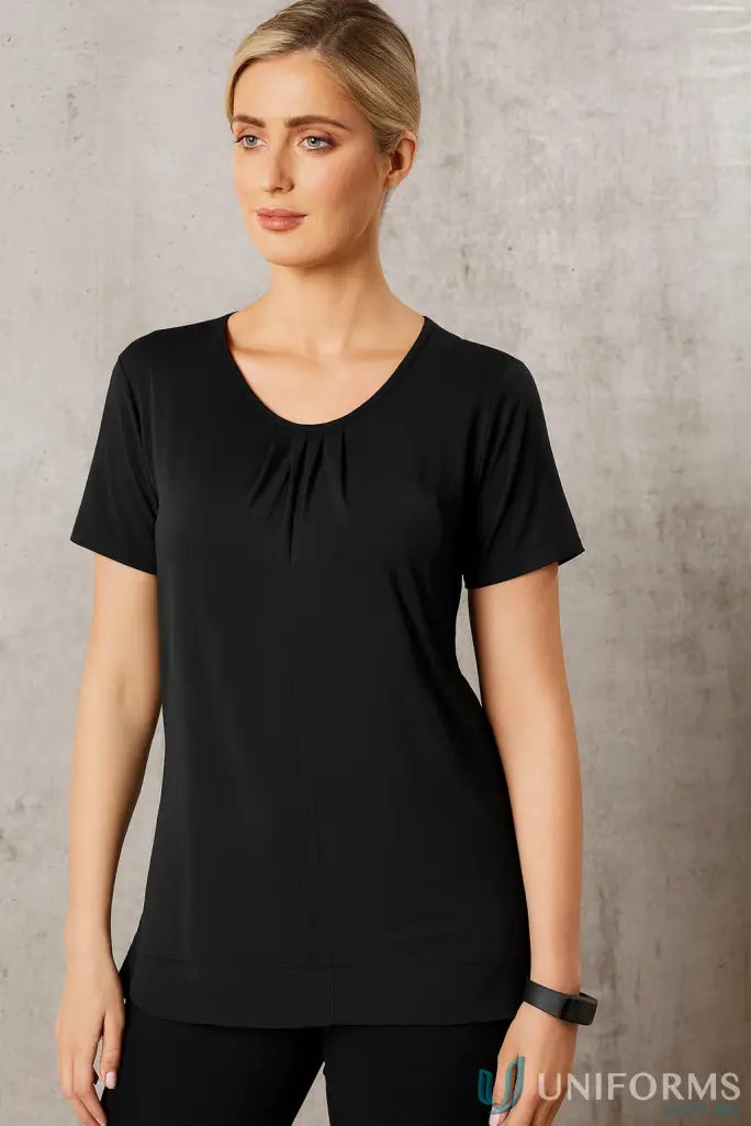Ladies Julia black short sleeve top with gathered scoop neckline, perfect for winning spirit ladies