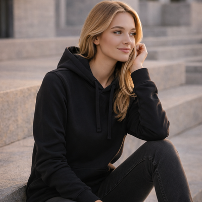 Ladies Krue hoodie black hooded sweatshirt with drawstrings long sleeves