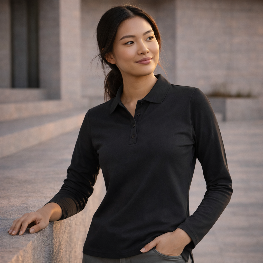 Biz collection ladies Krue LS p400ll long sleeve polo black front view