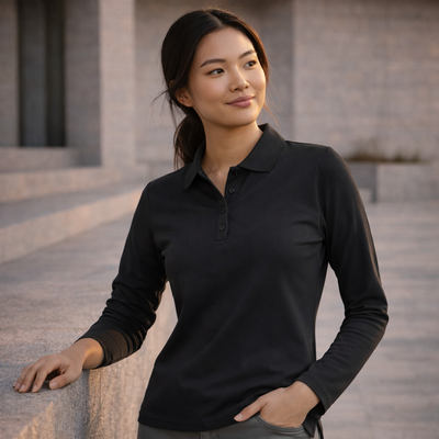 Biz collection ladies Krue LS p400ll long sleeve polo black front view