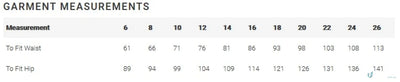 Garment measurement chart for Ladies Lawson Chino Pants made from biz collection elastane stretch fabric