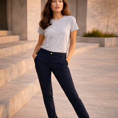 Navy blue Lawson chino pants with gold button, elastane stretch Biz Collection