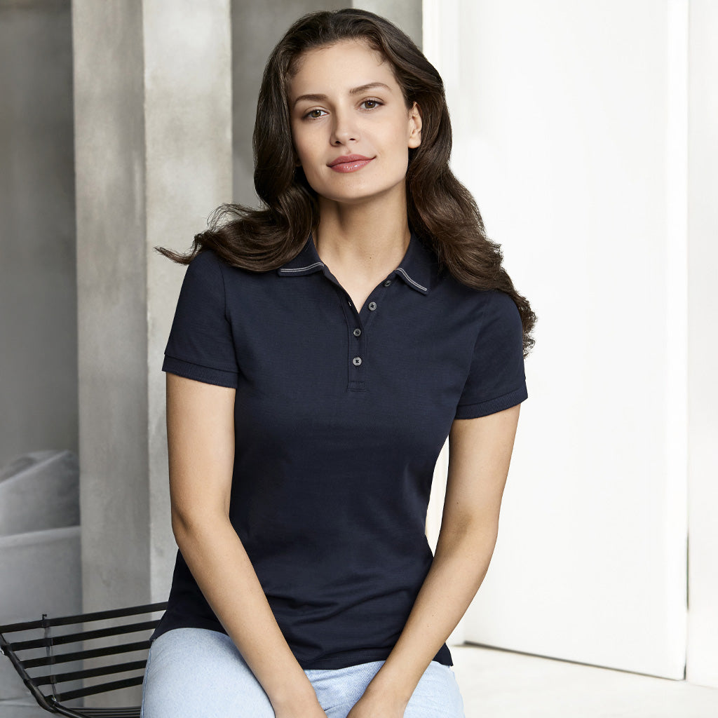 Ladies Lorne cotton jersey knit polo in navy blue with white trim