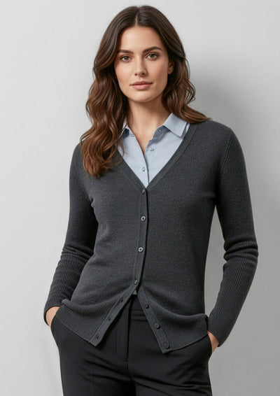 Ladies Milano knit cardigan in dark gray v-neck over light blue shirt