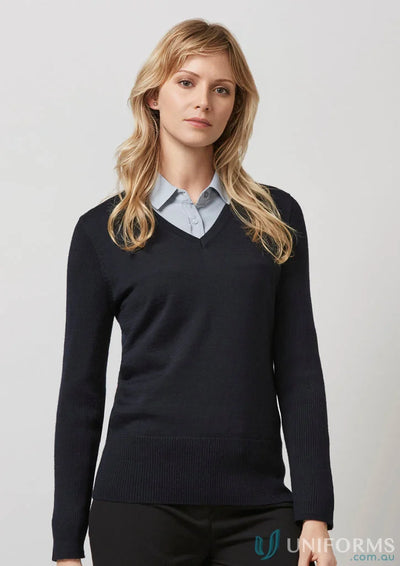 Womans navy V-neck sweater from Ladies Milano Knit Jumper collection in merino wool