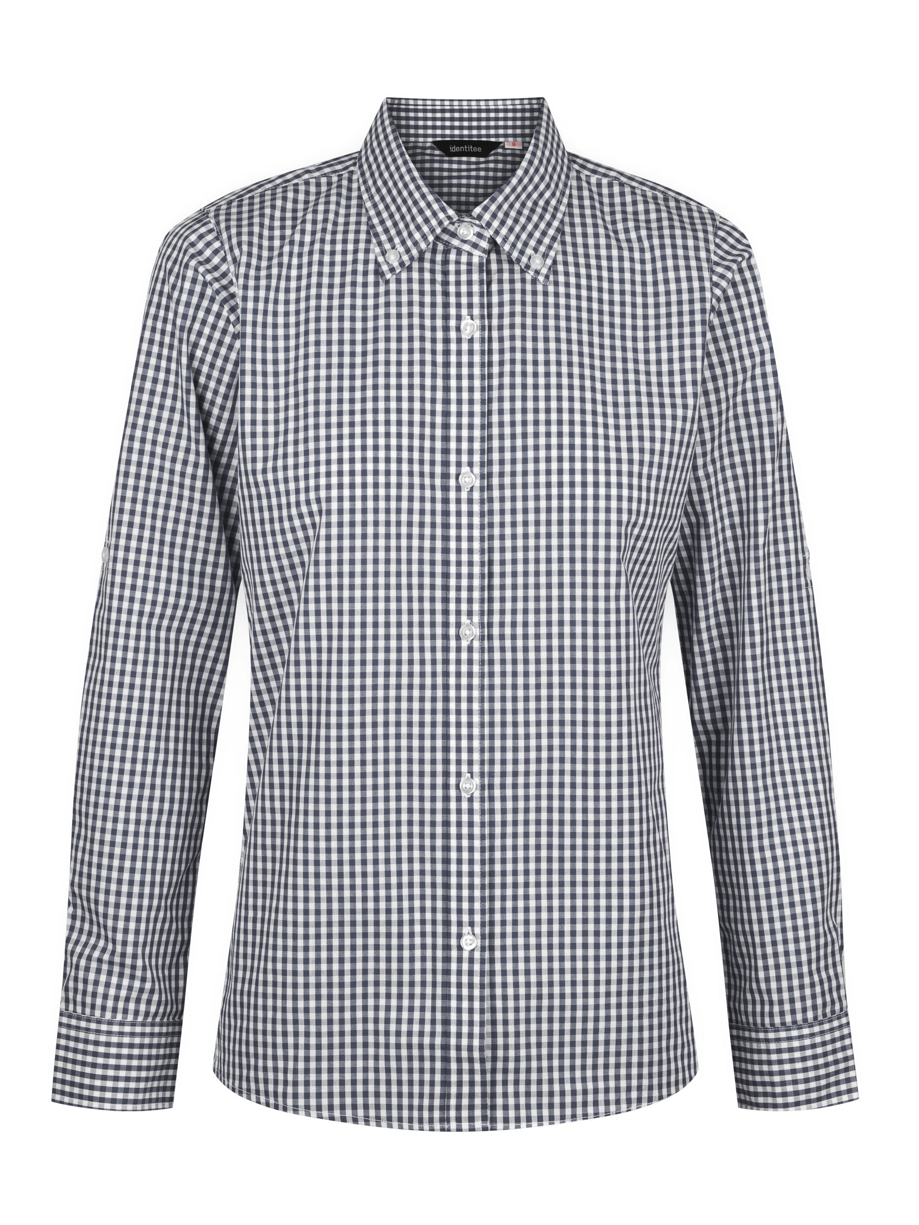 Ladies Miller Gingham Check LS Shirt in navy and white cotton, perfect for workwear or uniforms